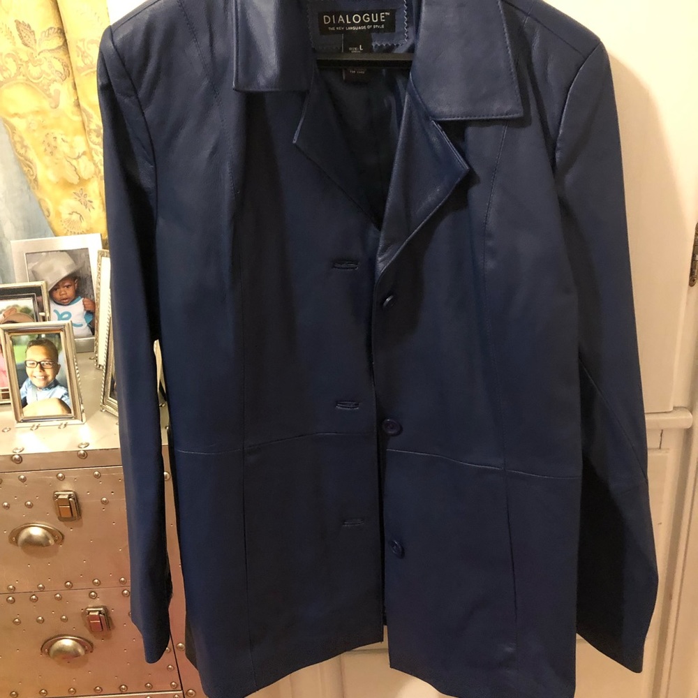 Blue Leather Button Front Collared Jacket - image 1